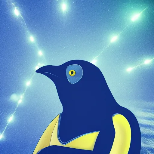 Image similar to portrait photo of linux penguin as a jedi, blue and yellow lighting, dark, cinematic, high quality, 4 k