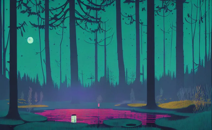 Image similar to a pond in the forest, moonlight, wild flower garden, summer city night, very coherent and colorful high contrast art by simon stalenhag james gilleard floralpunk screen printing woodblock, dark shadows, pastel color, hard lighting