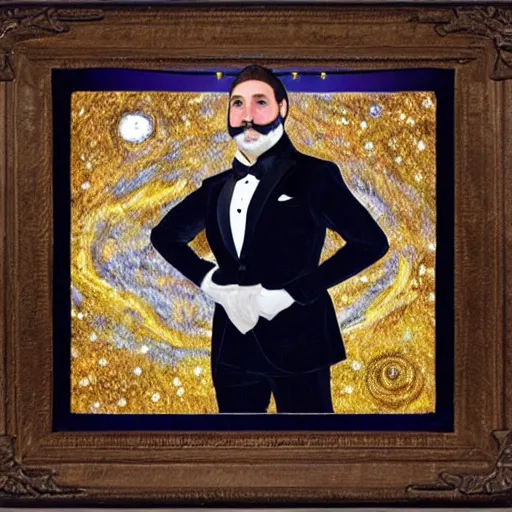 Image similar to in the style of starry night, d & d style full body portrait, tabaxi male in a tuxedo, in the style of starry night.