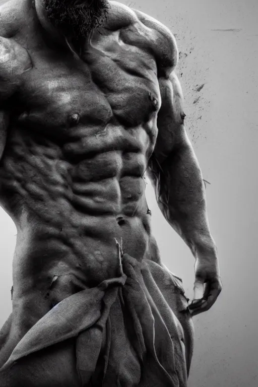 Image similar to a single muscular man wearing torn clothes, looking to the right, profile picture, hyperrealistic, concept art, octane render, unreal engine 5, trending on artstation, high quality, highly detailed, 8 k, dramatic lighting, cinematic, high coherence, anatomically correct, five fingers, digital art, seductive, black and white, big beard