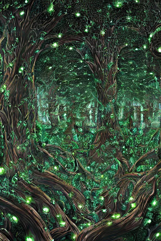 Image similar to extremely detailed complex intricate hyperdetailed tapestry of cybernetic biomech sacred fig tree roots in an industrial overgrown lush maze of webbed LED lights, by Clyde Caldwell, beautiful colors 8k hyperdetailed matte painting, raytracing, artstation, magic hour