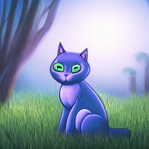 Prompt: illustration of glowing adorable blue cat in grassy field, tree, detailed concept art, artstation, warrior cats, shading,
