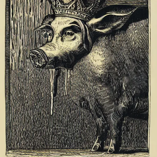 Image similar to a detailed woodcut of a pig in a gold crown by Gustave Doré