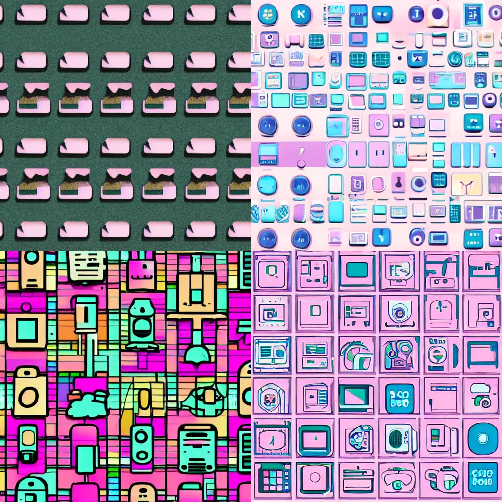 Prompt: repeating pattern of computer icons with pastel colors on screen