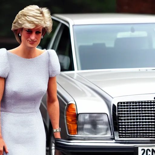 Image similar to award winning photograph of Princess Diana next to a silver Mercedes-Benz W140, Nikon D810, Sigma 35mm ƒ/2.5, award-winning, beautiful, photorealistic, detailed, portrait,