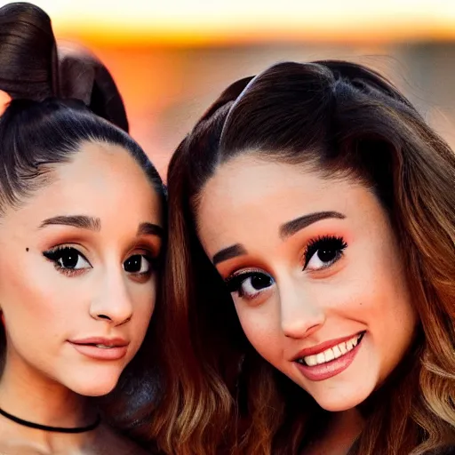 Image similar to Selfie photograph of Ariana Grande and Ariana Grande, golden hour, 8k,