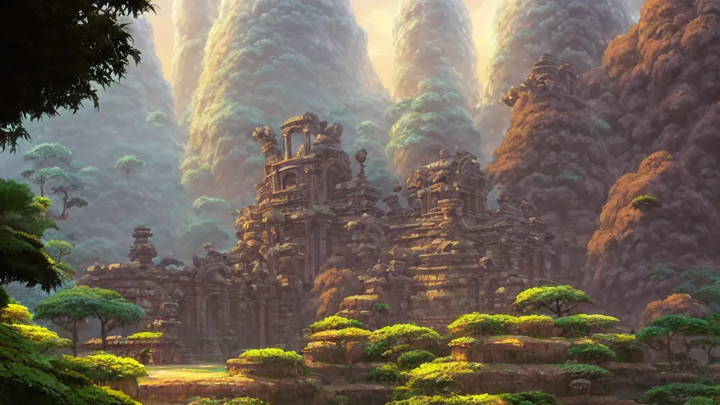 Image similar to ancient temple ruins, studio ghibli, pixar and disney animation, sharp, rendered in unreal engine 5, highly detailed, digital painting, artstation, concept art, smooth, sharp focus, illustration, wide angle, artbook, wallpaper, splash art, promo art, dramatic lighting, art by artgerm and greg rutkowski and bo chen and jin xiaodi