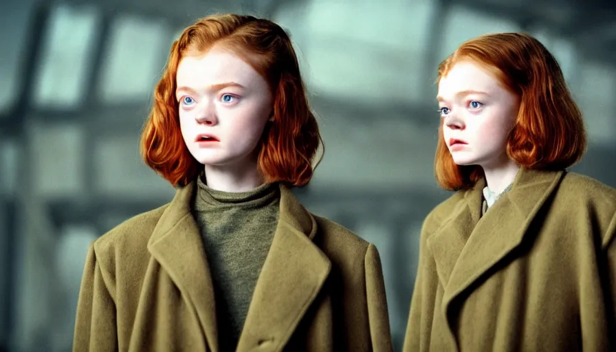 Prompt: sadie sink with military cut hair in oversized man's coat : a still from a scifi soviet cyberpunk film from 1 9 8 0 s. by steven spielberg and james cameron. 6 5 mm low grain film stock. sharp focus, realistic facial expression, perfect anatomy, global illumination, radiant light, detailed and intricate environment, trending on artstation