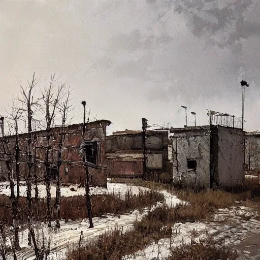 Image similar to painting of a abandoned post soviet town by jakub rozalski