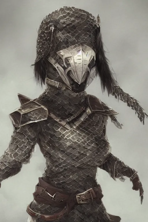 Image similar to female adventurer in tight full - body sticky note stack chainmail - style armor and a white porcelain crow mask, trending in artstation, japanese, artstation, establishing shot