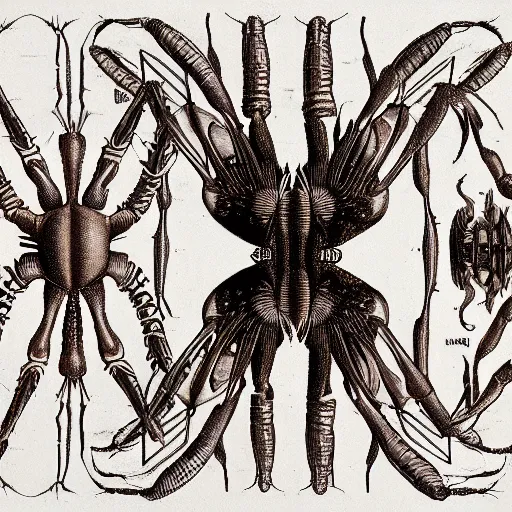 Image similar to detailed color technical drawing of alien bugs by da vinci