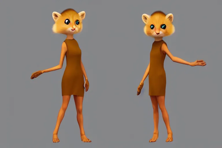 Prompt: flat 2 d : female marten character : wearing jewlery : wearing a nice dress : head torso legs feet : lorax movie : artstation