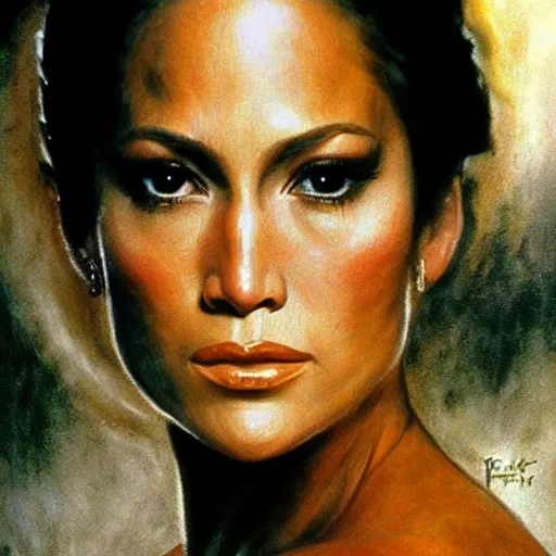 Image similar to ultra realistic portrait painting of jennifer lopez as a maid in manhattan, art by frank frazetta, 4 k, ultra realistic, highly detailed, epic lighting.