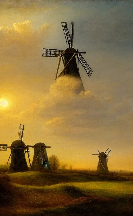 Prompt: a beautiful landscape in the netherlands with a windmill at sunset, in the style of francis danby