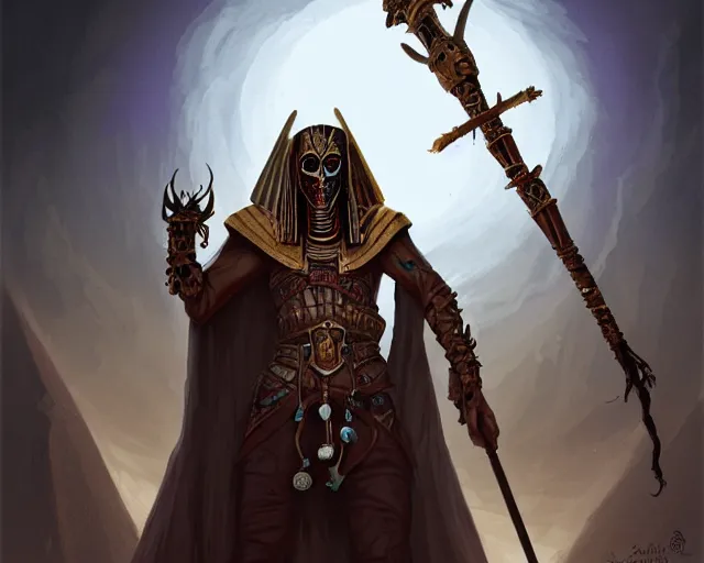 Prompt: an undead desert lich pharaoh, holding a goat head staff, egyptian, beetle, deep focus, d & d, fantasy, intricate, elegant, highly detailed, digital painting, artstation, concept art, matte, sharp, illustration, hearthstone, art by artgerm and greg rutkowski and alphonse mucha