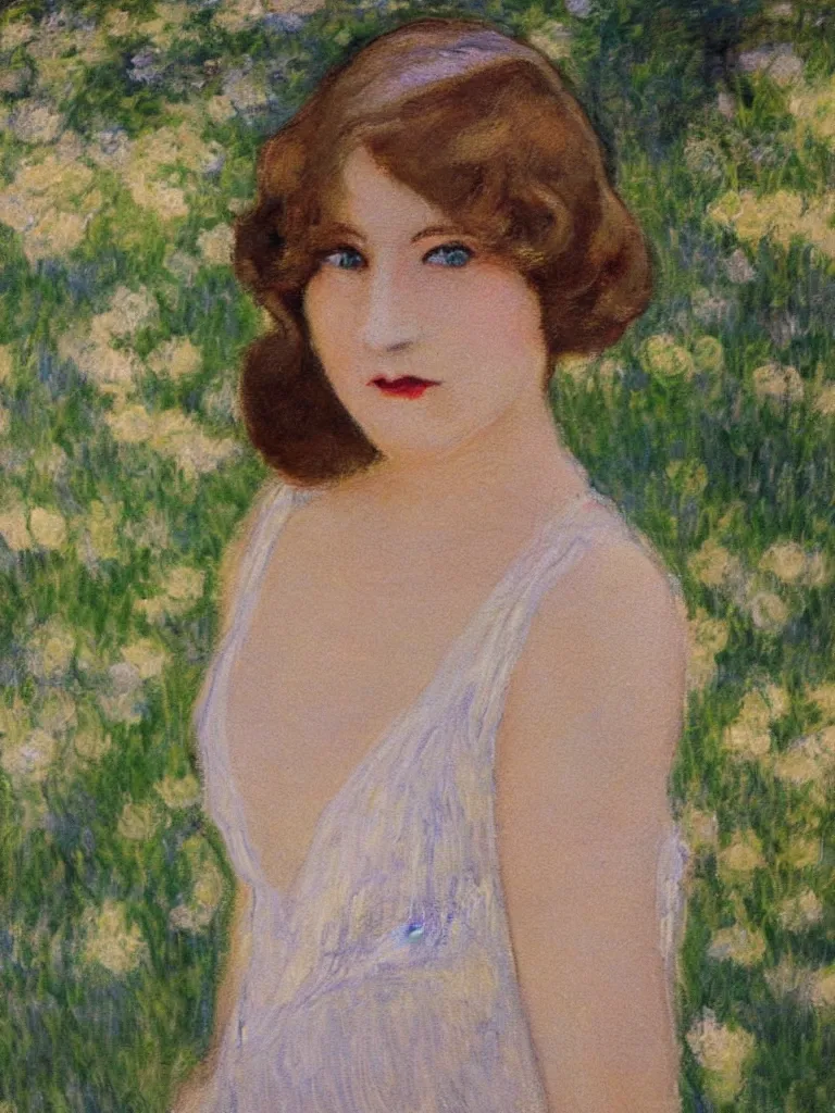 Image similar to portrait of < zelda fitzgerald > as a beautiful young lady wearing 1 9 2 0 s fashion, blurry face, brown hair, slim, fair, severe out of focus, depth of field, pleinairism, in the sun, backlit, closeup, oil on canvas, atr by monet, in the style of le promenade, smooth, impressionnisme, 8 k