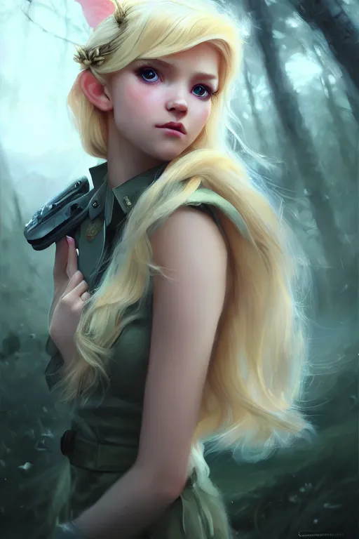 Image similar to cinematic shot of an epic portrait of a cute blonde fairy dressed in military clothes, stylised military clothes, shiny skin, beautiful eyes, beautiful, small details, night setting, realistic poster with volumetric light from craig mallism, artgerm, jeremy lipkin and michael garmash, unreal engine, radiant light, digital art, trends at art station, a masterpiece