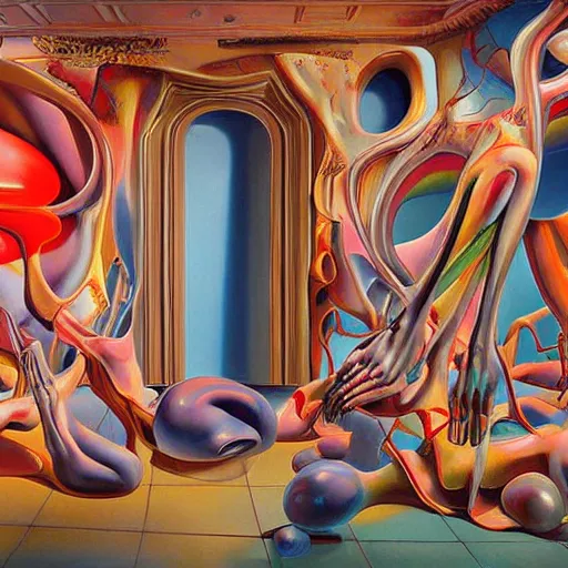 Prompt: an extremely high quality hd surrealism painting of a 3d perspective neon complimentary-colors cartoon surrealism melting optical illusion sculpture gallery zaha hadid biological anatomical city by the skilled kandinskypicasso and salvia dali, salvador dali's extremely talented cousin, 8k, ultra realistic, very realistic, blood cells