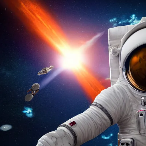 Image similar to 3 d render of an astronaut flying with nothing but space and stars around him,