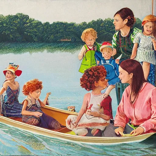 Image similar to The installation art depicts a group of well-dressed women and children enjoying a leisurely boat ride on a calm day. The women are chatting and laughing while the children play with a toy boat in the foreground. hunter green, cardinal by Moebius angular