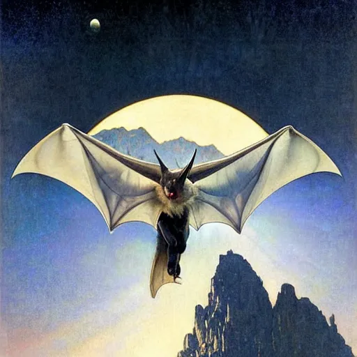 Image similar to hyper realistic white bat, flying against a dark black night sky, mountain in the background, moonlight, denoised, very detailed, painted by james gurney, alphonso mucha, norman rockwell, tom bagshaw