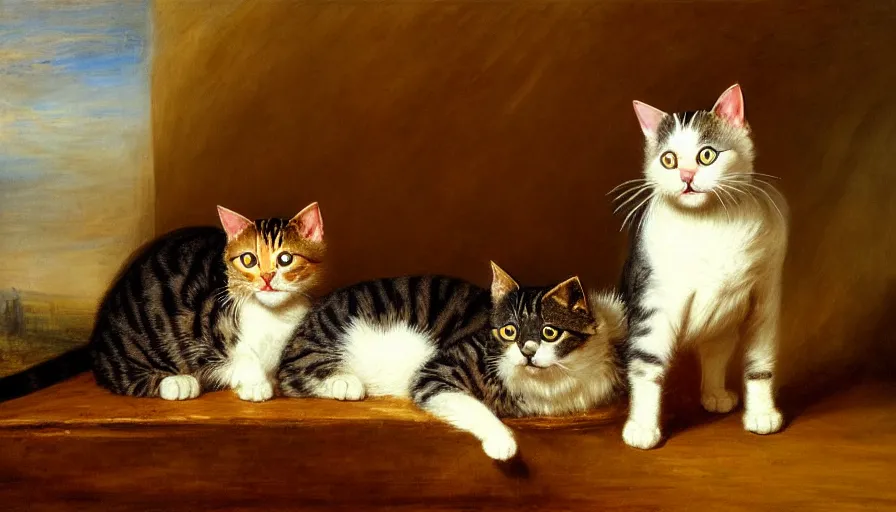 Image similar to highly detailed painting of cats with really really tall legs by william turner, thick brush strokes and visible paint layers, 4 k resolution