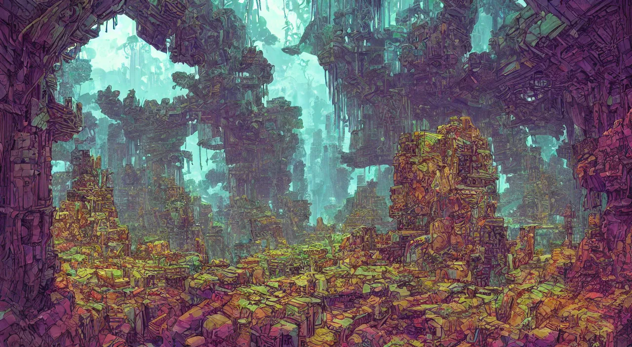 Image similar to open door wood wall fortress greeble block amazon jungle on portal unknow world ambiant fornite colorful deepdream that looks like it is from borderlands and by feng zhu and loish and laurie greasley, victo ngai, andreas rocha, john harris