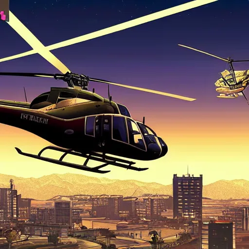 Image similar to Helicopter above a night city in GTA 5, cover art by Stephen Bliss, boxart, loading screen