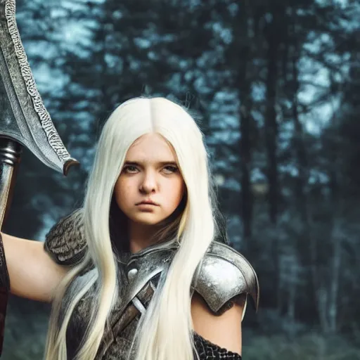 Image similar to beautiful girl with white long hair, wearing epic armor holding an edgy sword ready to fight a deadly monster giant