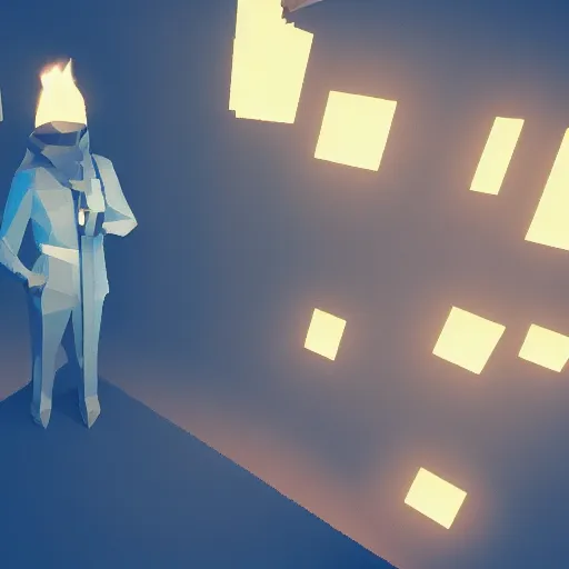 Image similar to a man holds a torch and explores a Dungeon, luminous, low poly