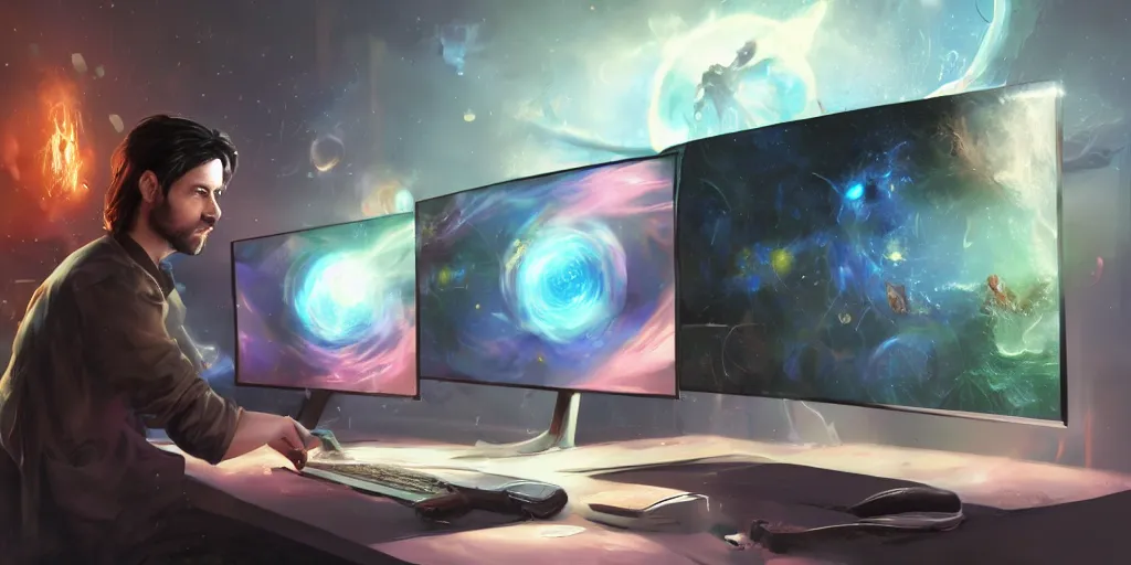 Prompt: a young mage creating a universe in his PC, a male mage in his 20s with black hair sitting in front of wide monitor, hands on a keyboard, excited about his work. hyperrealistic, extremely detailed, award-winning art, trending on Artstation