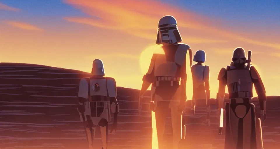 Prompt: beautiful wide shot tatooine landscape obi wan kenobi Luke skywalker droids binary sunset in Star Wars a new hope 1977 by studio ghibli, Miyazaki, animation, highly detailed, 70mm