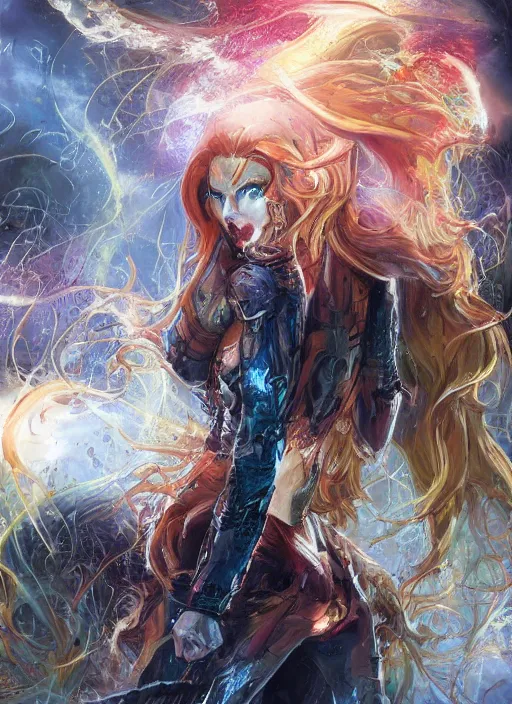 Prompt: front portrait hands behinds pose of attractive Starfire with ginger wavy hair , hands behind her pose!, Intricate overlay flames imagery , D&D!, fantasy style, sharp focus!, ultra detailed, art by Artgerm and Peter Andrew Jones, WLUP