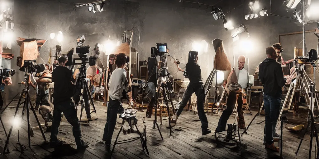 Image similar to several actors wearing theatrical acting mask, rehearsing on a movie set studio, with cinema camera, HDR light stands, director's chair, film shooting equipments, atmospheric, dramatic lighting, oil painting, hyper realistic, detailed