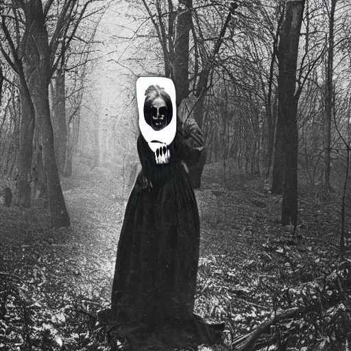 Prompt: spooky 1860 photo of an ancient girl demon devouring the human kind on a dark forest