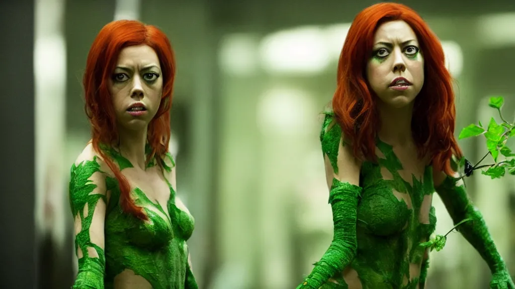 Image similar to Aubrey Plaza as Poison Ivy in The Dark Knight, green skin film still from the movie directed by Denis Villeneuve, wide lens