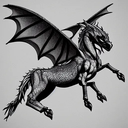 Image similar to “a flying horse that looks like a dragon, in the style of Hajime Isayama”