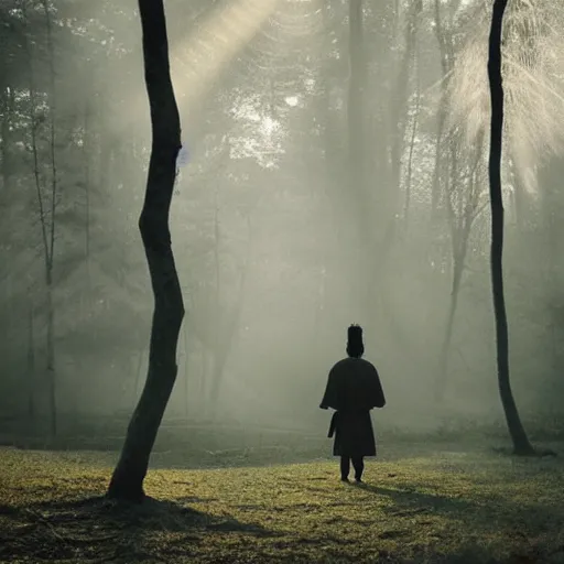 Prompt: a samurai walks alone through the light woods, bright, scenic, lively, cinematic lighting, intricate detail