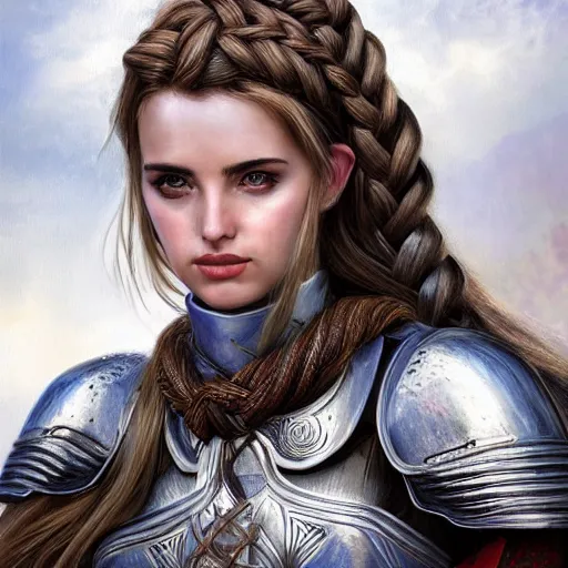 Prompt: head and shoulders portrait of a female knight, ana de armas, breastplate, celtic braid, by artgerm, face detail, extremely detailed, photo
