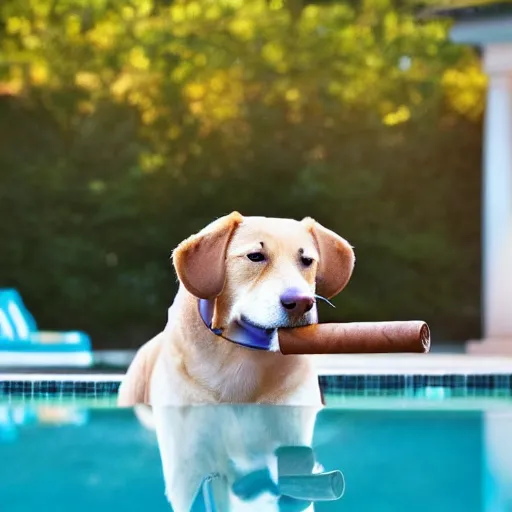 Image similar to a very detailed photo of a dog ( smoking a cigar ) outside the mansion by the pool