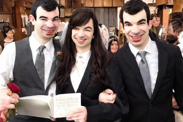 Prompt: nathan fielder getting married to a catgirl wedding photo romance novel cover cookbook photo