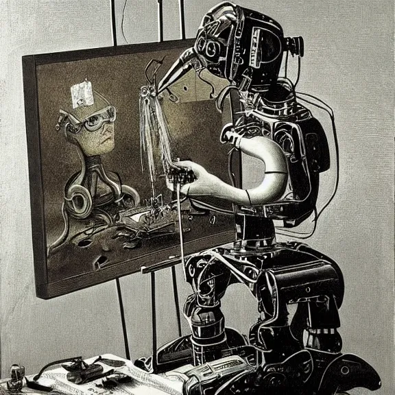 Prompt: robot artist painting a self - portrait on a canvas. intricate, highly detailed, photorealistic, film still, by hans thoma.