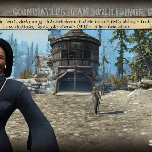 Image similar to Condoleezza Rice in Skyrim as a dictator, game screenshot
