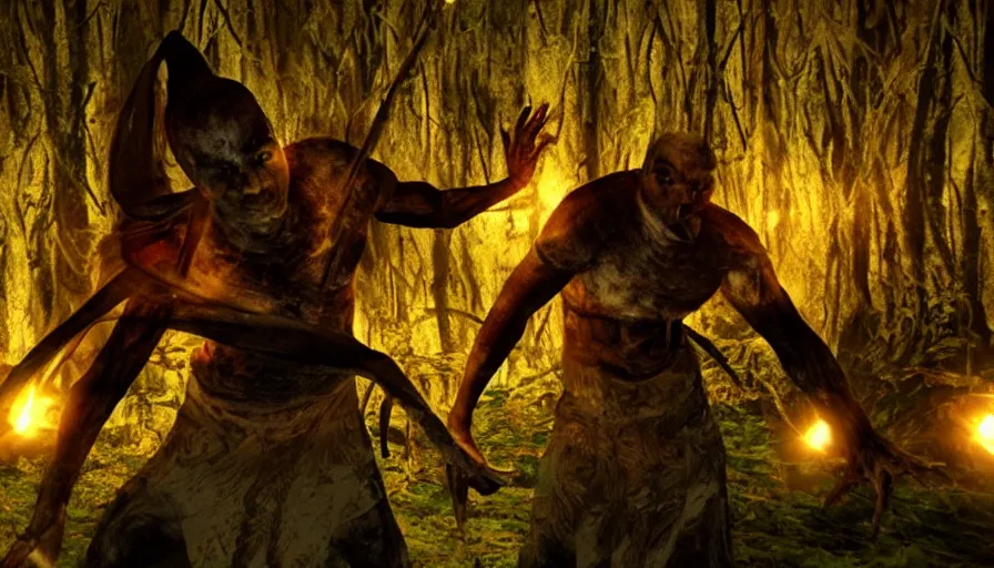 Prompt: screen shot of baraka, ambient lighting, cinematic, epic, demonic dance, chanting, forest