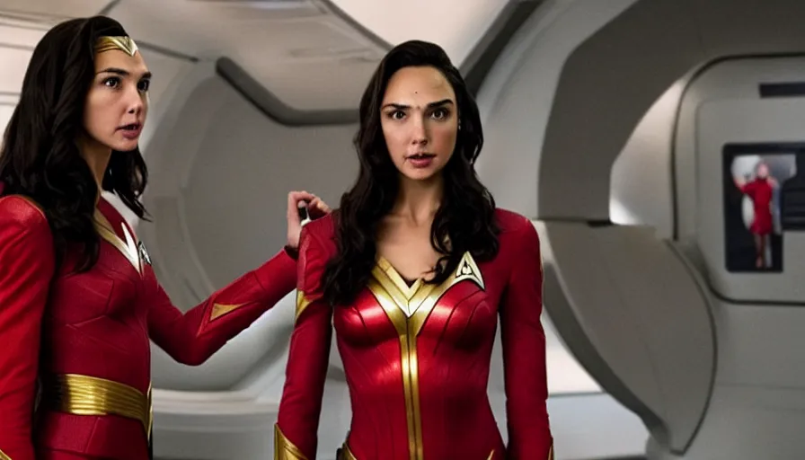 Image similar to Gal Gadot, wearing a red uniform, is the captain of the starship Enterprise in the new Star Trek movie