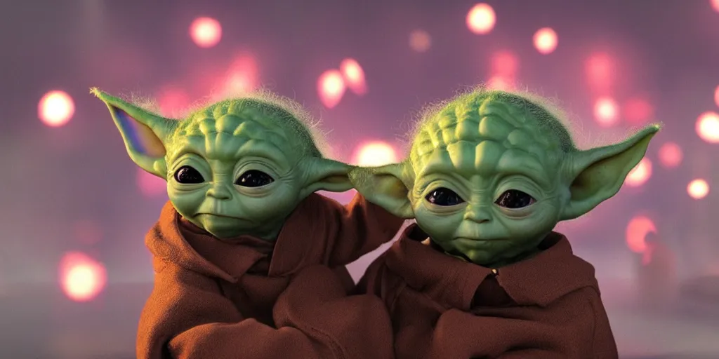 Image similar to fireworks form shapes the resemble baby yoda. 8 k, 4 k, hq, 3 d render, digital art, dramatic lighting, comedy, science fiction, hyper realistic, ultra detailed. style of arrival, fifth element.