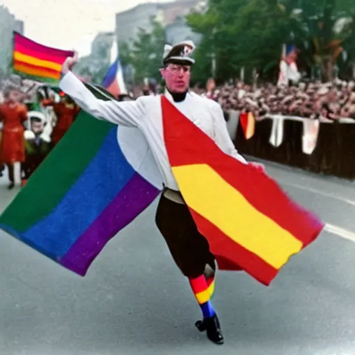 Prompt: colorized photography of hitler dancing at the lgbt pride parade