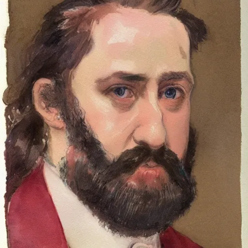 Image similar to Portrait of a handsome man with mutton chops. wearing a suit. colorful necktie, pale white face, long messy hair, long hair, ((red)) baggy eyes, tired eyes, tired face, disco smile, watercolor, brushstrokes, high detail, artstation, medium detail, by Ilya Repin