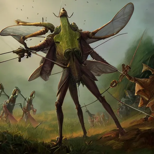 Prompt: full shot of green human-sized Mantis religiosa with 6 legs as a D&D mage; standing on hill with magic wand in one hand; big medival army in the background, archery, horses, catapults, swordmans; fantasy drawing; illustration; Artstation; 8k; wallpapers; cinematic art; cgsociety; art by Greg Rutkowski and Thomas Kinkade