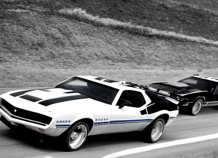 Image similar to retro picture of a camaro mach 1 chased by police cars on a highway, dusty sunne day